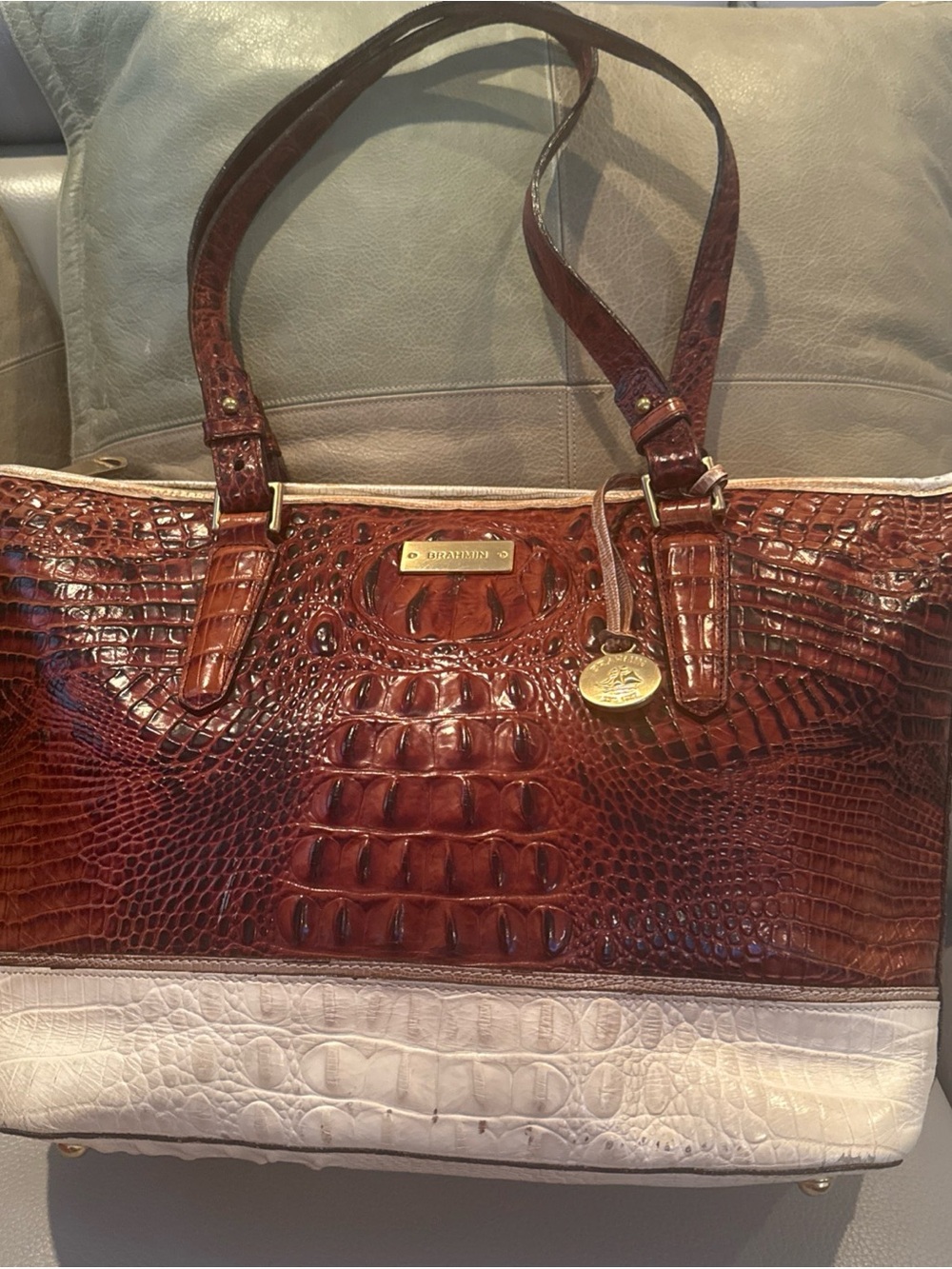 Brahmin Chestnut and Ivory Croc-Embossed Leather Tote